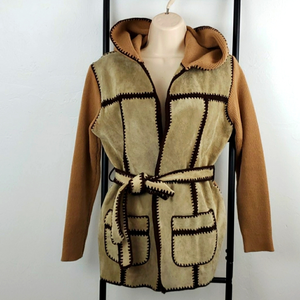 Vintage 70s Sweater Bee by Banff ltd hoodie knit leather Boho Cardigan Hippie